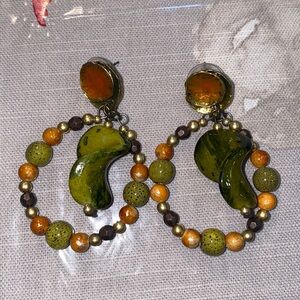 Green and Orange Beaded Hoop Wooden Earrings